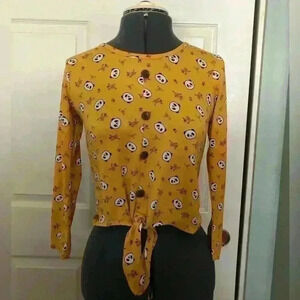 Panda print long sleeve yellow front tie crop top Small